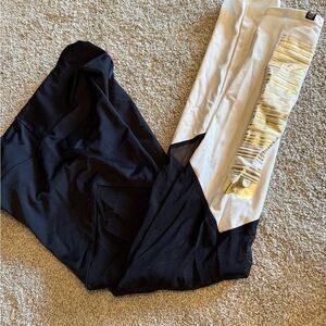 The Barre Code Black and White Leggings with Mesh Panel Gold Accents